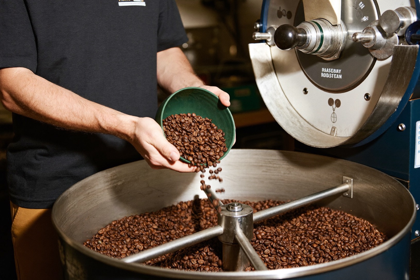 Coffee roaster pouring fresh roasted beans