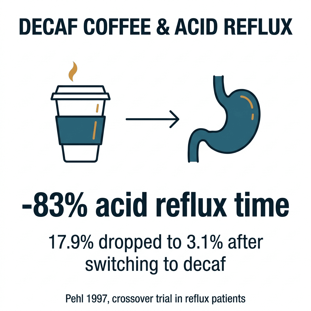 Decaf coffee benefits for acid reflux infographic: a decaf coffee cup beside a stomach, showing acid reflux time falling 83 percent, from 17.9 to 3.1 percent, after switching from regular coffee to decaf (Pehl 1997 crossover trial).