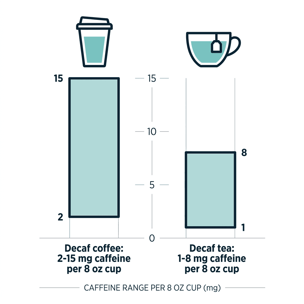 Bar chart comparing decaf coffee's 2 to 15 milligram caffeine range per 8 ounce cup against decaf tea's lower 1 to 8 milligram range, shown beneath a coffee cup icon and a tea cup icon.