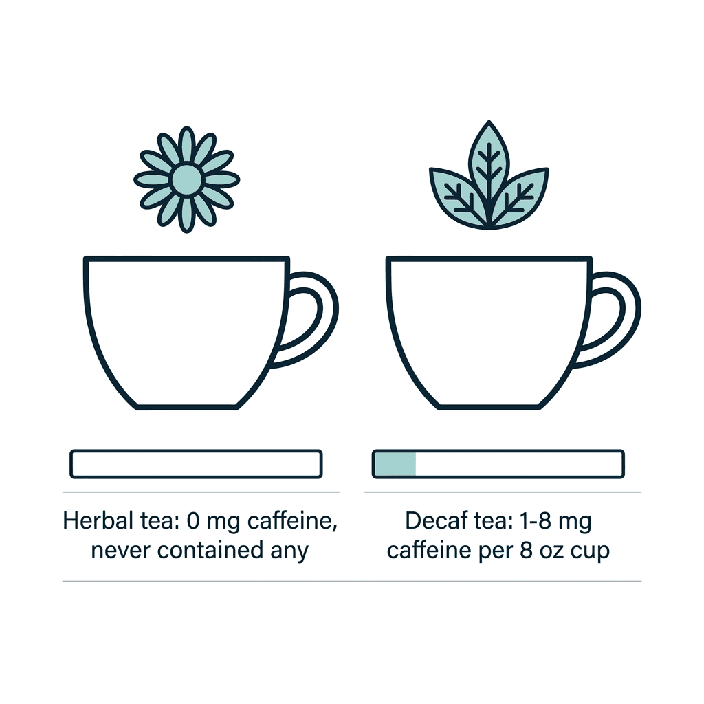 Diagram comparing an herbal teacup at 0 milligrams caffeine, shown with an empty outline bar, against a decaf teacup at 1 to 8 milligrams caffeine, shown with a partially filled bar.