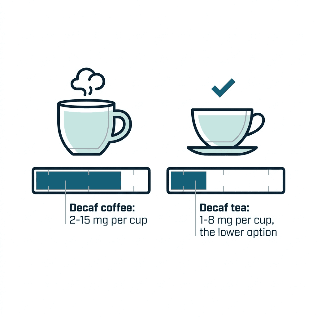 Diagram comparing a coffee cup and a teacup, each with a downward caffeine-level bar, the teacup's shorter bar marked with a checkmark as the lower-caffeine choice for cutting intake.