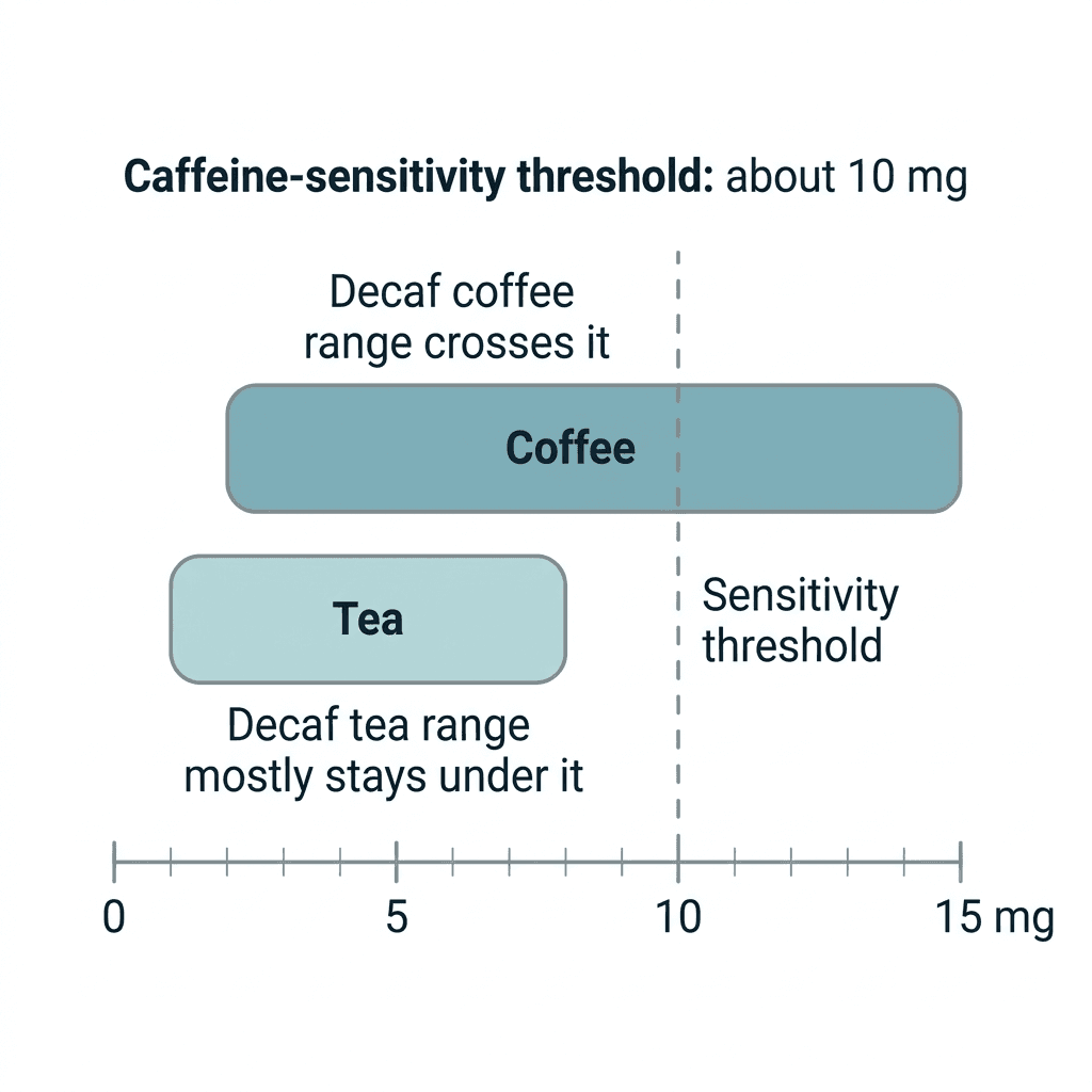 Number line from 0 to 15 milligrams with a dashed threshold line at 10 milligrams marking caffeine sensitivity, showing decaf coffee's 2 to 15 milligram range crossing the threshold and decaf tea's 1 to 8 milligram range mostly staying under it.