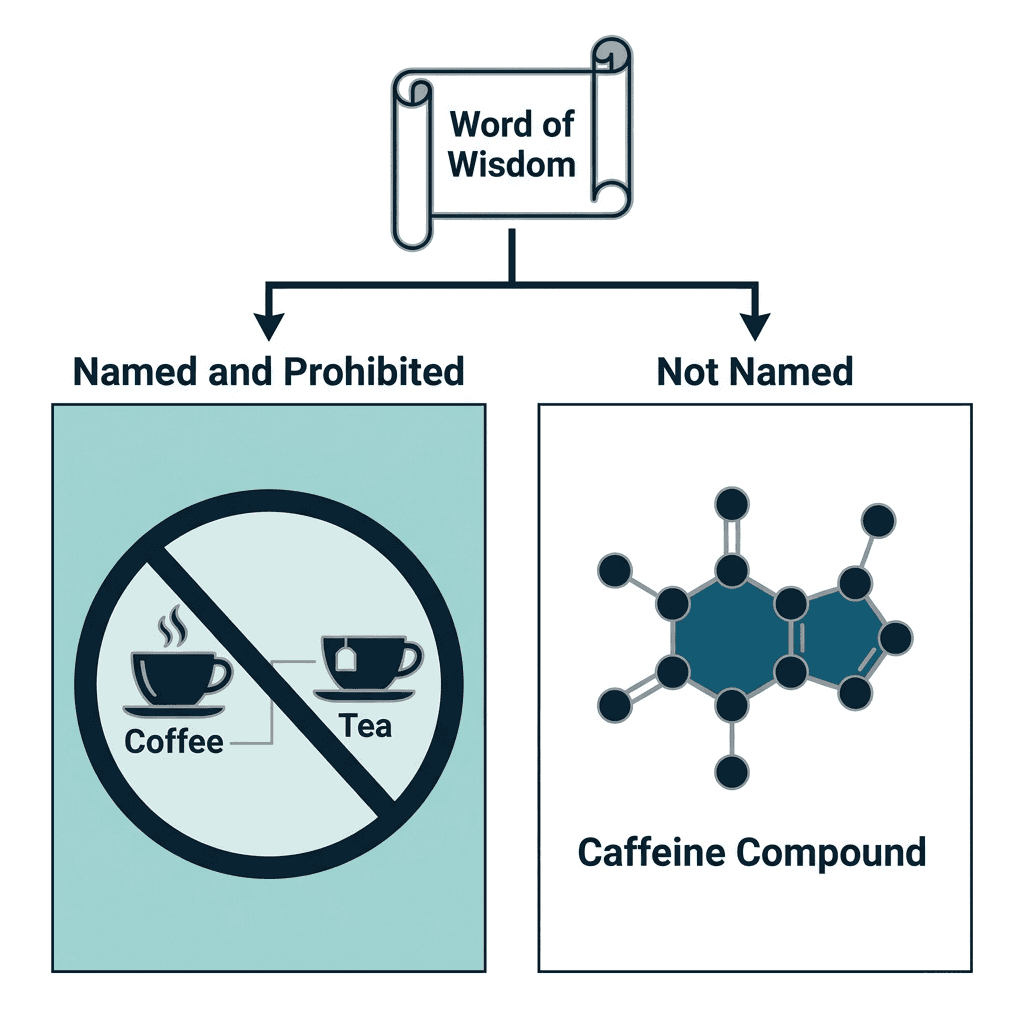 Comparison diagram showing the Word of Wisdom names and prohibits coffee and tea directly, while the caffeine compound itself is not named.