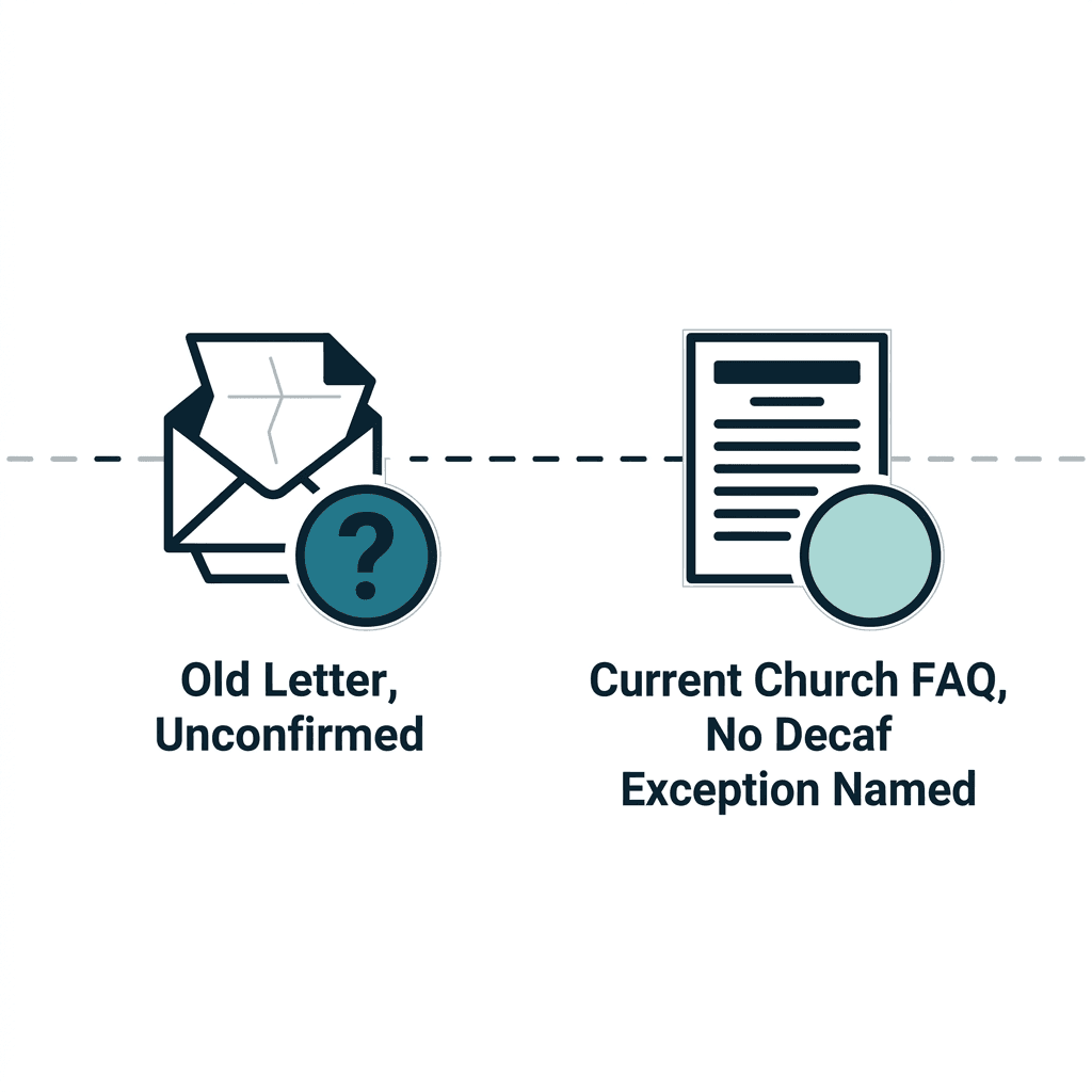 Timeline showing an old, unconfirmed letter about decaf coffee on one end and the current official Church FAQ, which names no decaf exception, on the other.