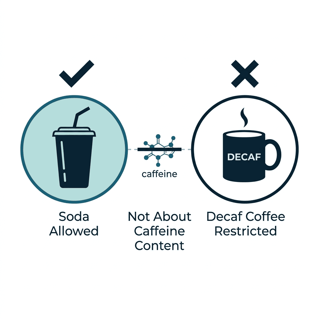 Diagram showing caffeinated soda is allowed while decaf coffee remains restricted, since the distinction is not about caffeine content.