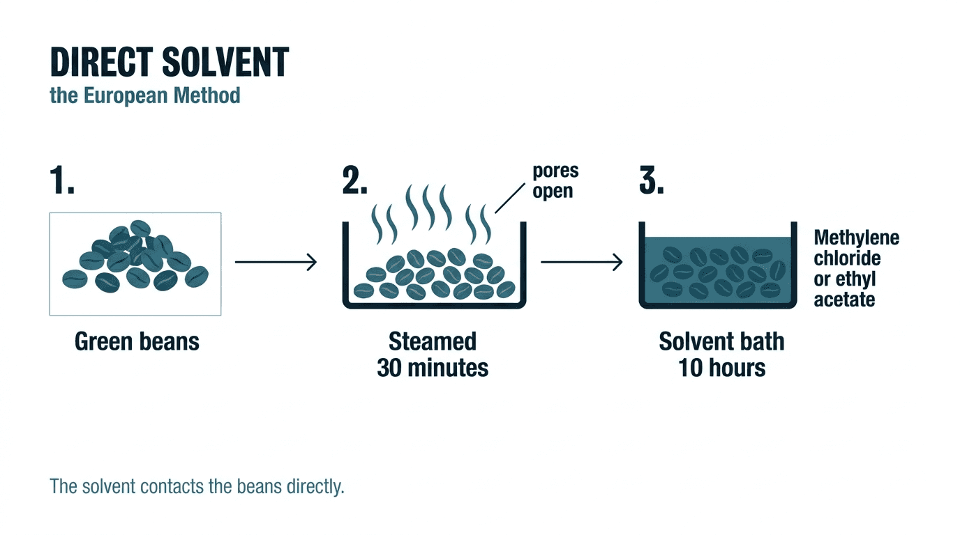 Diagram of the direct solvent method: green beans steamed for 30 minutes to open pores, then a 10 hour solvent bath in methylene chloride or ethyl acetate.