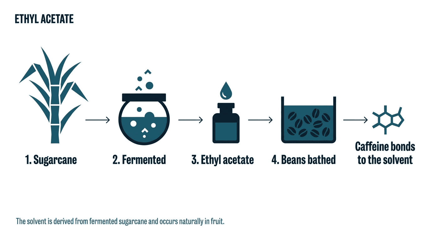 Diagram showing the ethyl acetate process: sugarcane, fermented, ethyl acetate, beans bathed, caffeine bonds to the solvent.