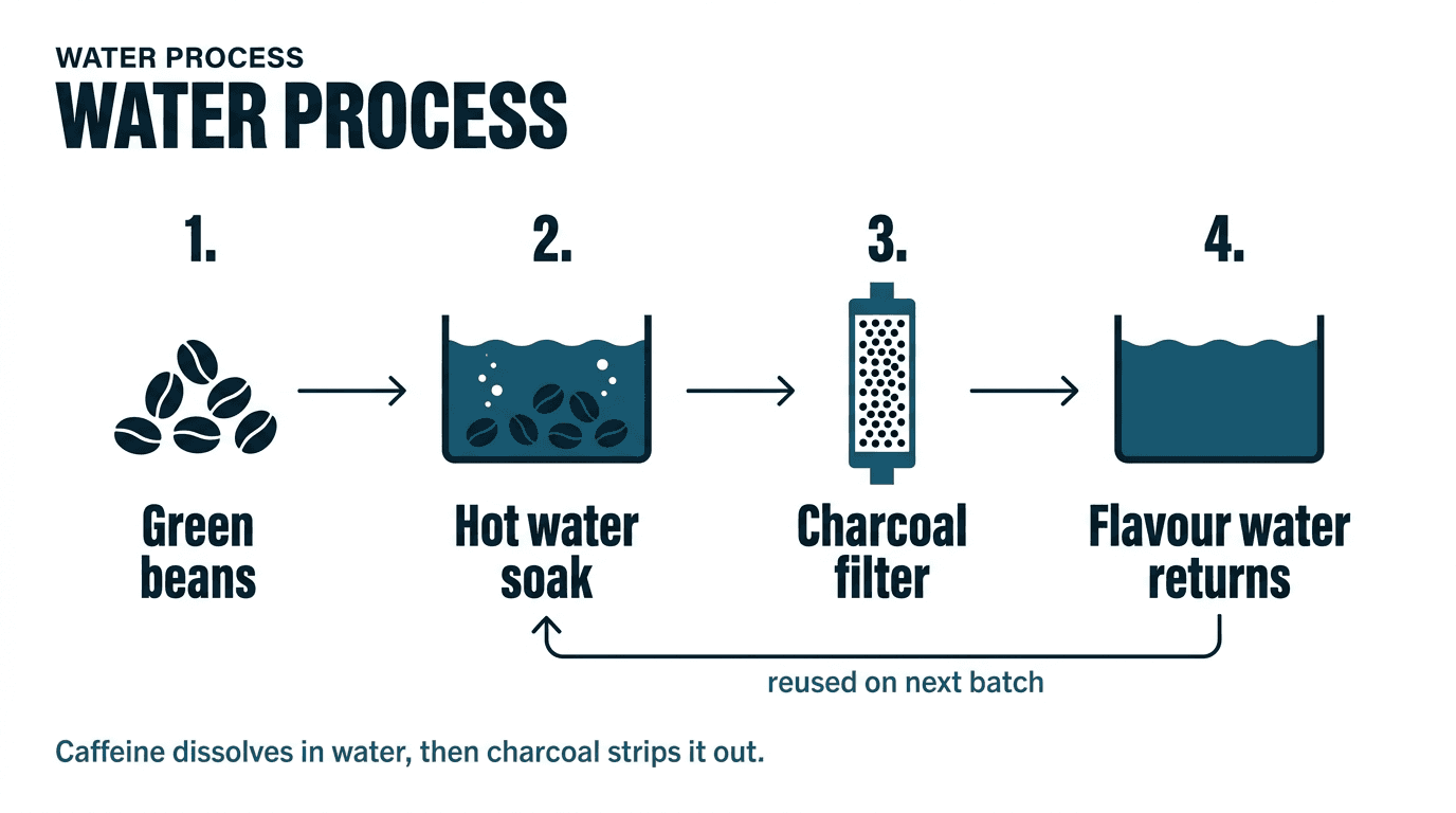 Diagram of the water process: green beans, hot water soak, charcoal filter, flavor water returns and is reused on the next batch.