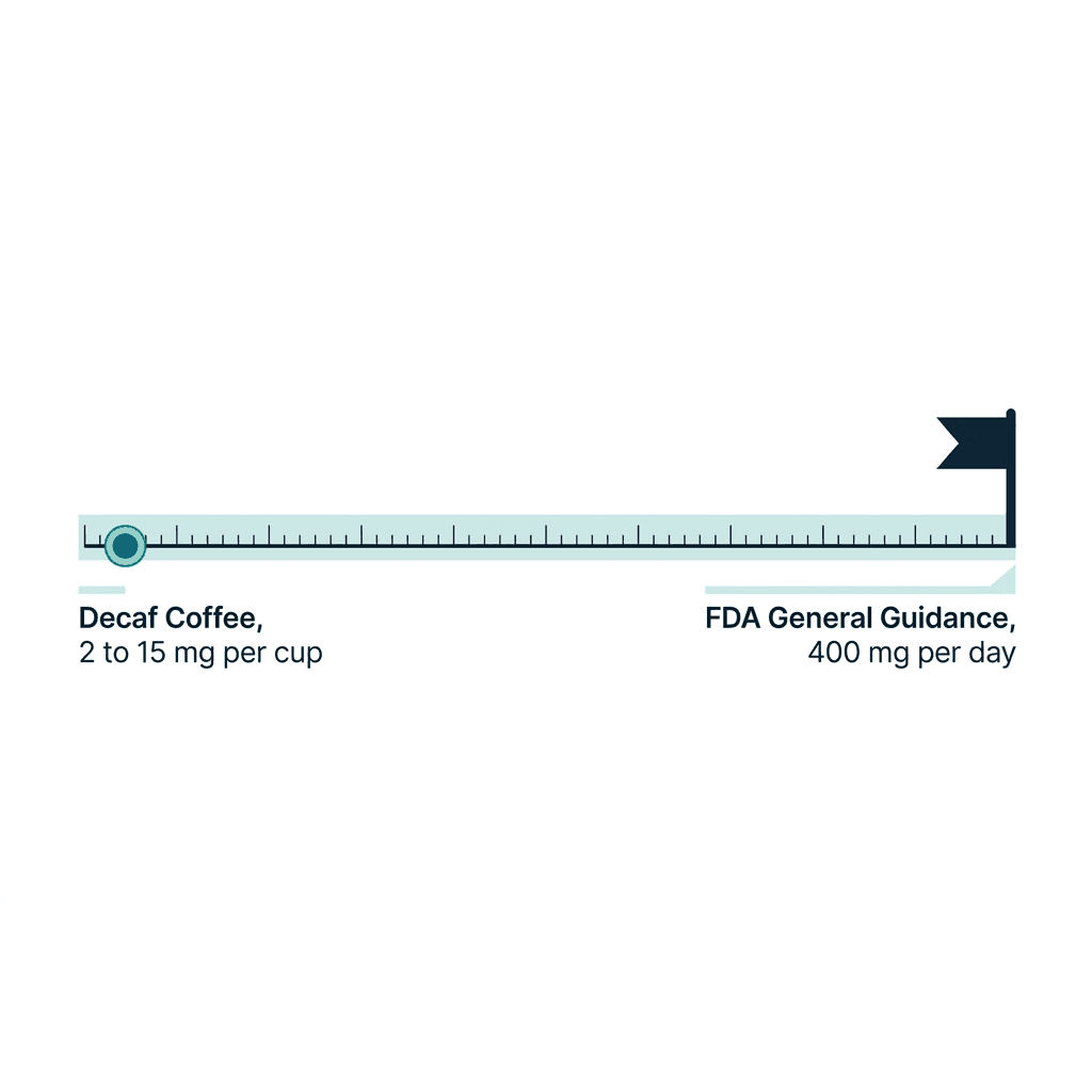 A scale showing decaf coffee's 2 to 15 milligrams of caffeine per cup against the FDA's general guidance of 400 milligrams of caffeine per day for healthy adults.