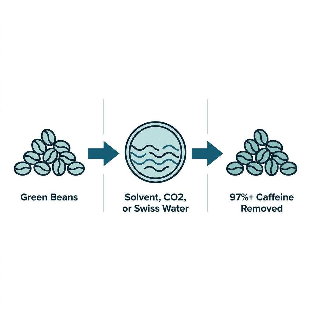 A three-stage process diagram showing green coffee beans, a solvent, carbon dioxide, or Swiss Water Process bath, then beans with 97 percent or more of their caffeine removed.