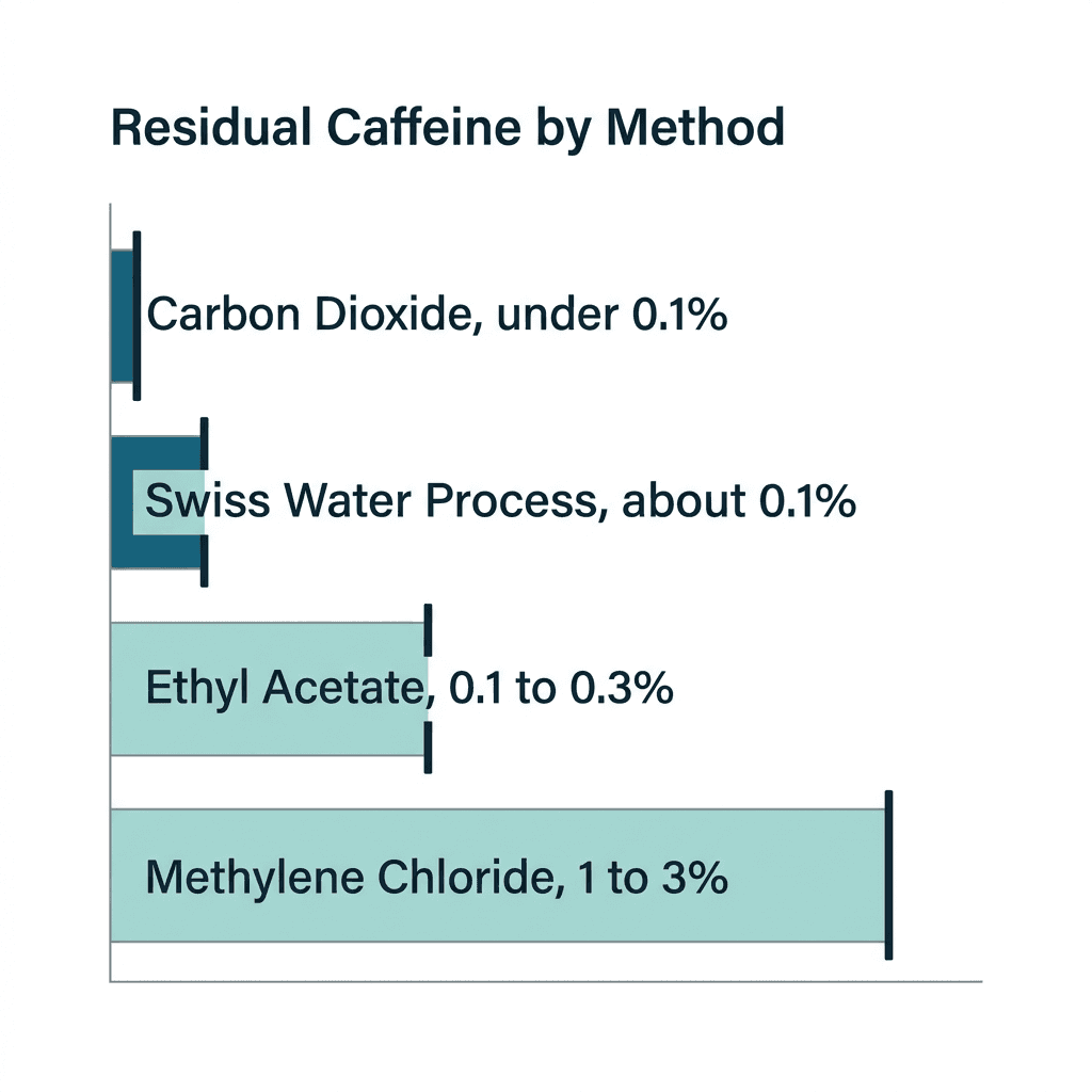 A bar chart of residual caffeine by decaffeination method: carbon dioxide under 0.1 percent, Swiss Water Process about 0.1 percent, ethyl acetate 0.1 to 0.3 percent, and methylene chloride 1 to 3 percent.