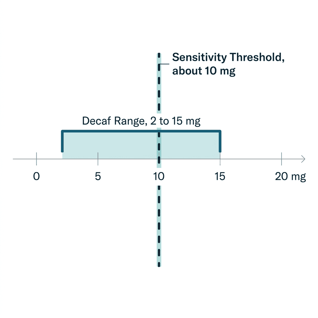 A number line showing decaf coffee's 2 to 15 milligram caffeine range against a sensitivity threshold of about 10 milligrams, the dose at which sensitive individuals can notice measurable effects.
