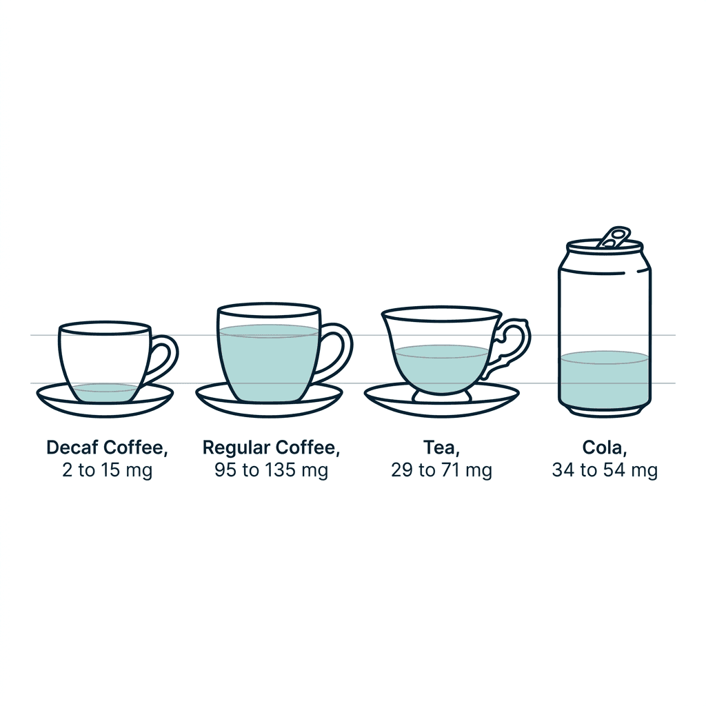 A comparison of caffeine per serving across drinks: decaf coffee 2 to 15 milligrams, regular coffee 95 to 135 milligrams, tea 29 to 71 milligrams, and cola 34 to 54 milligrams.