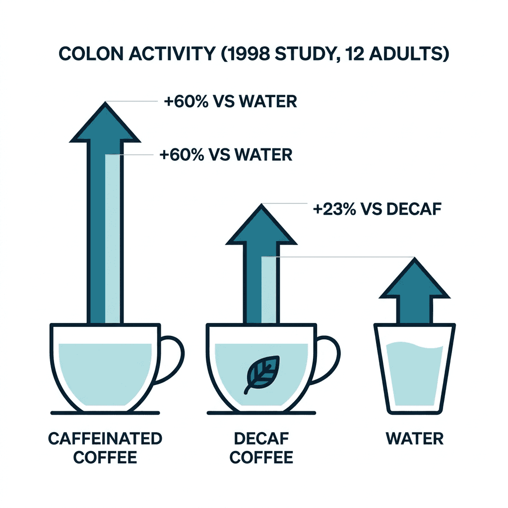 Diagram comparing colon activity from caffeinated coffee, decaf coffee, and water, showing caffeinated coffee 60 percent higher than water and 23 percent higher than decaf, from a 1998 study of 12 adults.