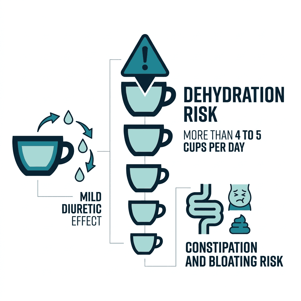 Diagram showing coffee's mild diuretic effect and a warning at more than 4 to 5 cups per day, where dehydration can raise the risk of constipation and bloating.