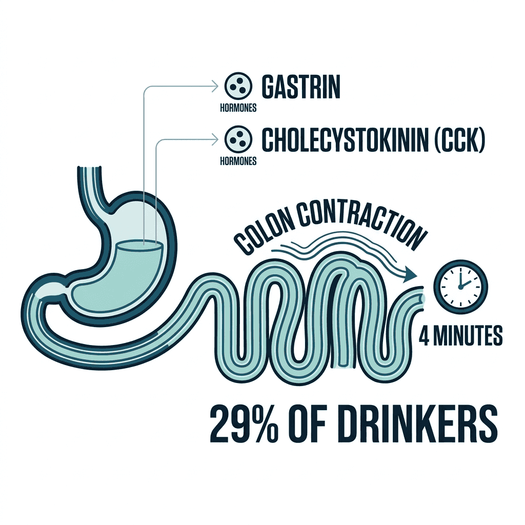 Diagram of the digestive mechanism showing coffee triggering gastrin and cholecystokinin release, colon contraction, and a response in as little as 4 minutes for 29 percent of drinkers.