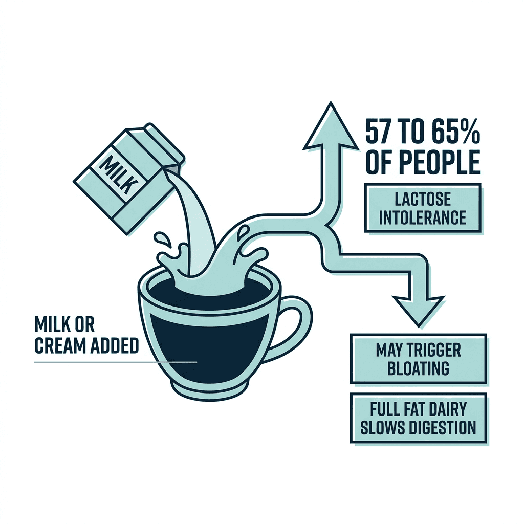 Diagram of milk being poured into coffee, showing that 57 to 65 percent of people have some lactose intolerance and that full fat dairy can slow digestion.
