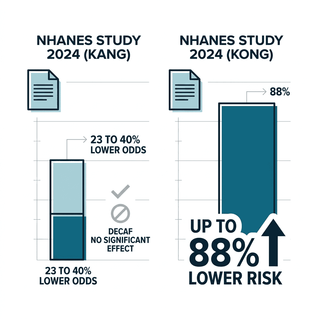 Bar chart comparing two 2024 NHANES studies, showing 23 to 40 percent lower constipation odds in one study and up to 88 percent lower risk in the other for caffeinated coffee, with decaf showing no significant effect in either.