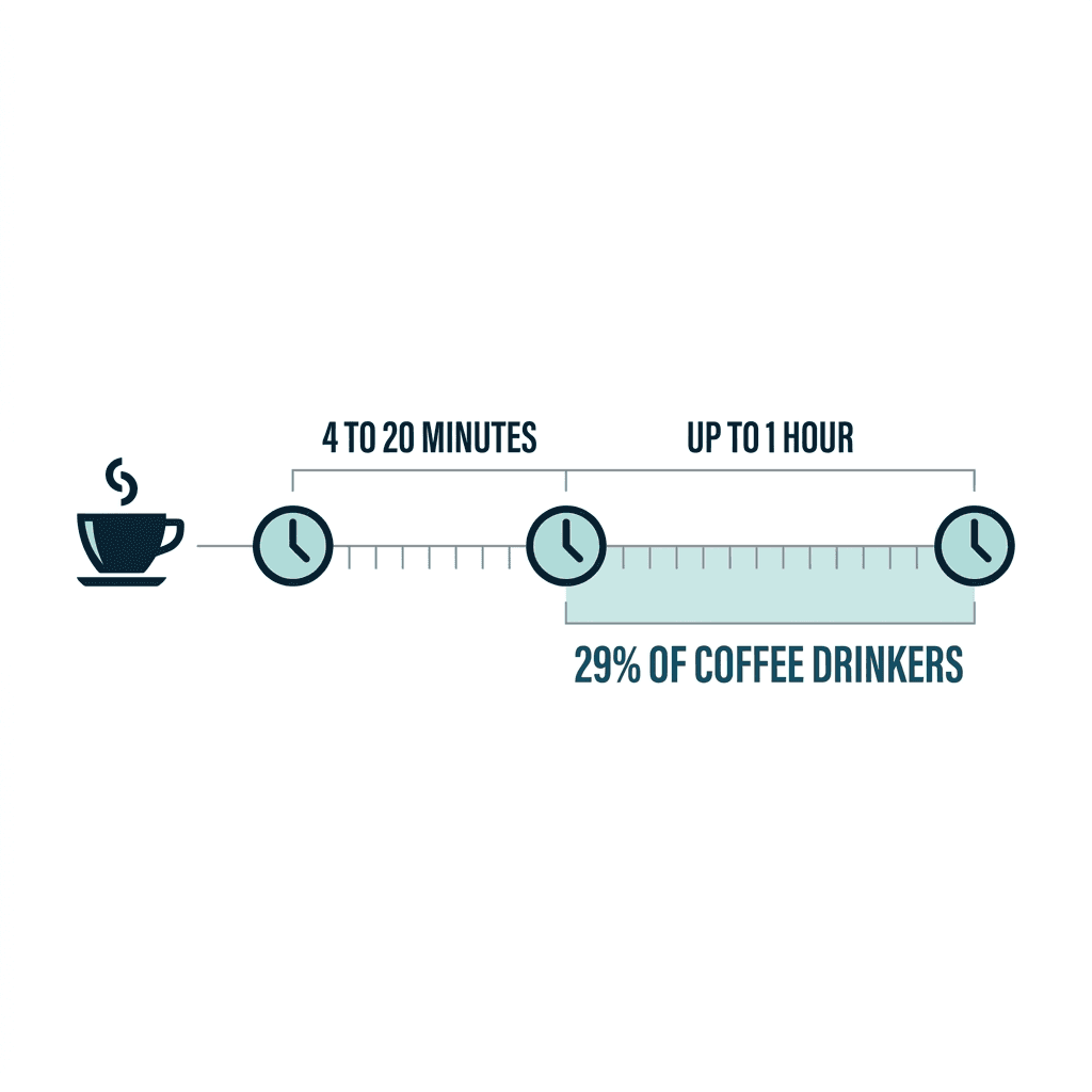 Timeline diagram showing coffee's effect on constipation appearing within 4 to 20 minutes for some people and up to 1 hour for others, with 29 percent of coffee drinkers reporting a response.