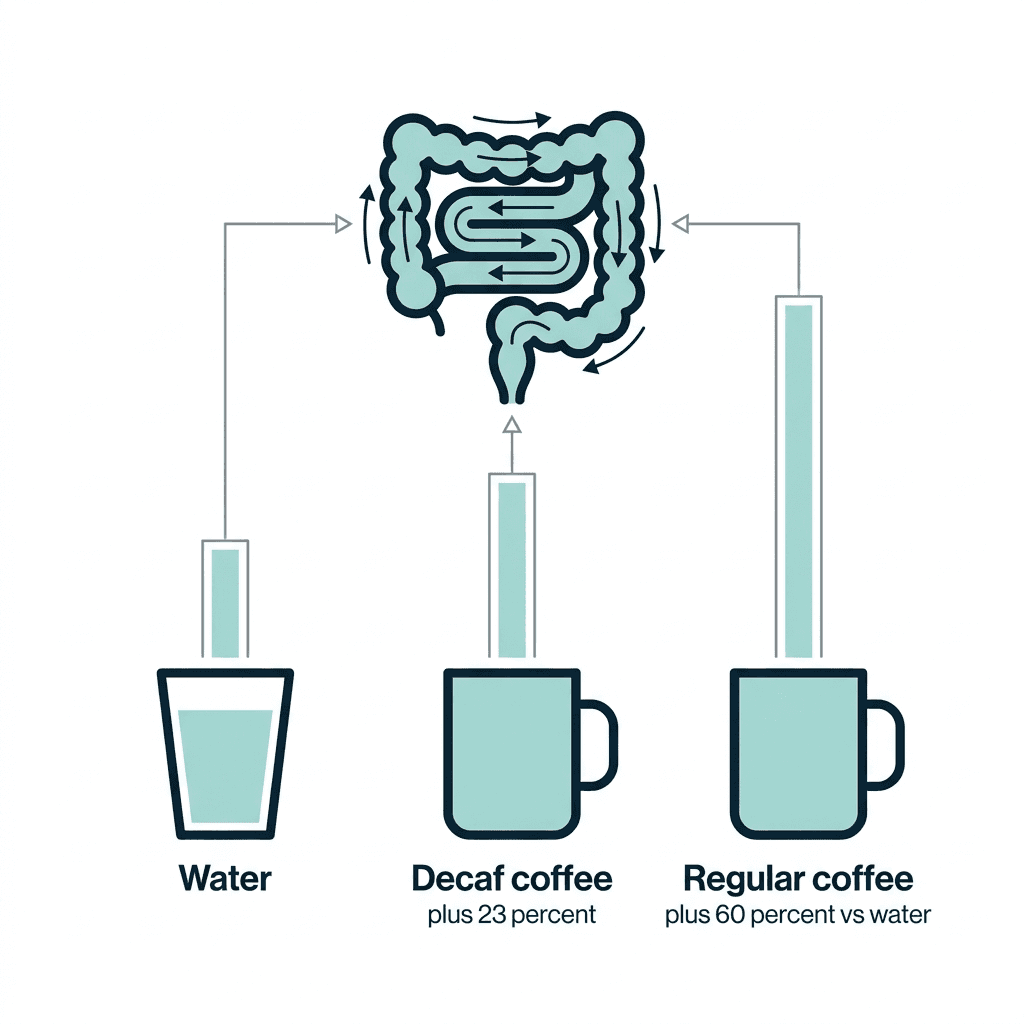 Diagram comparing colon activity for water, decaf coffee, and regular coffee, showing regular coffee stimulating the colon 23 percent more than decaf and 60 percent more than water.