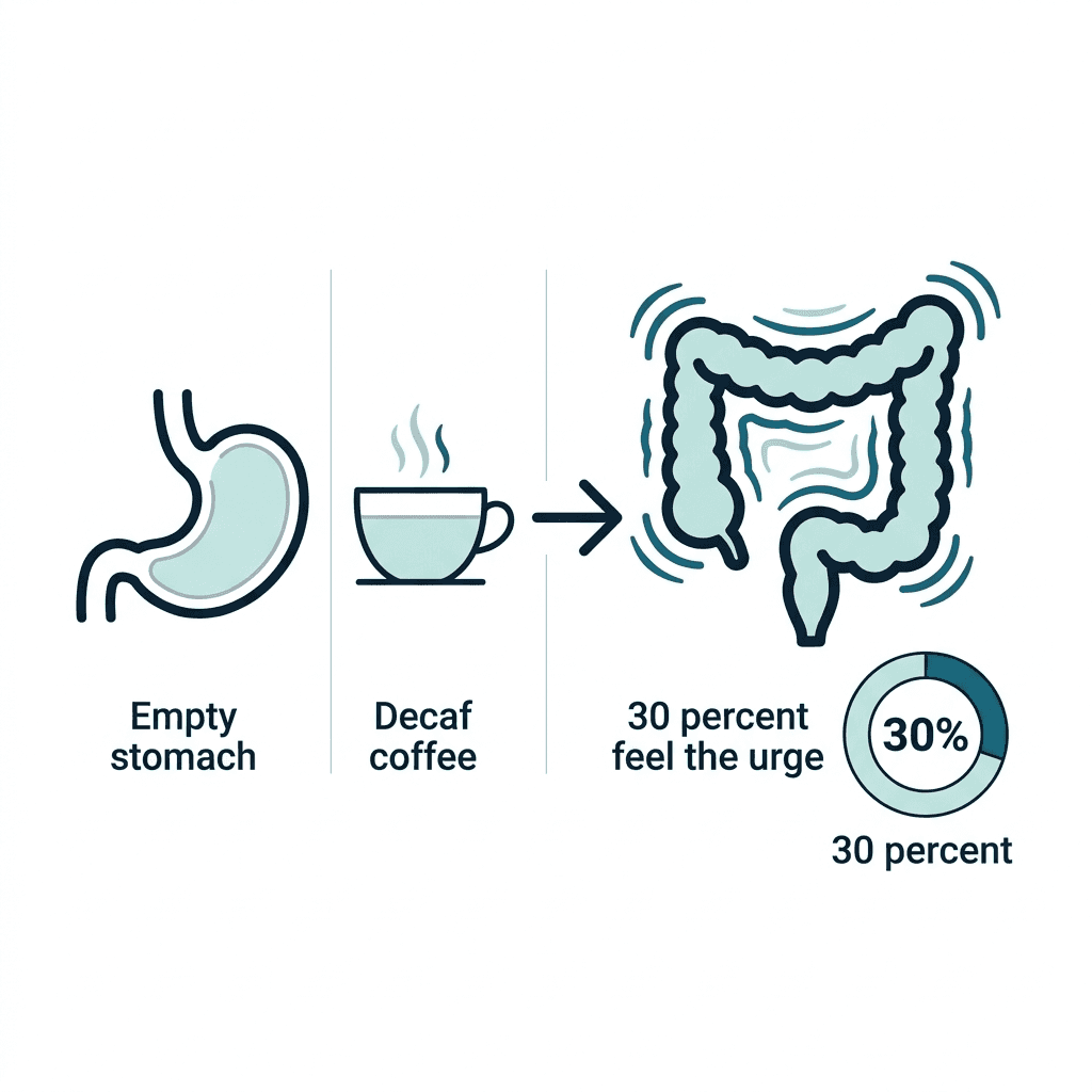 Diagram of an empty stomach and decaf coffee cup leading to an intensified colon reaction, with 30 percent of people feeling the urge right after drinking coffee.