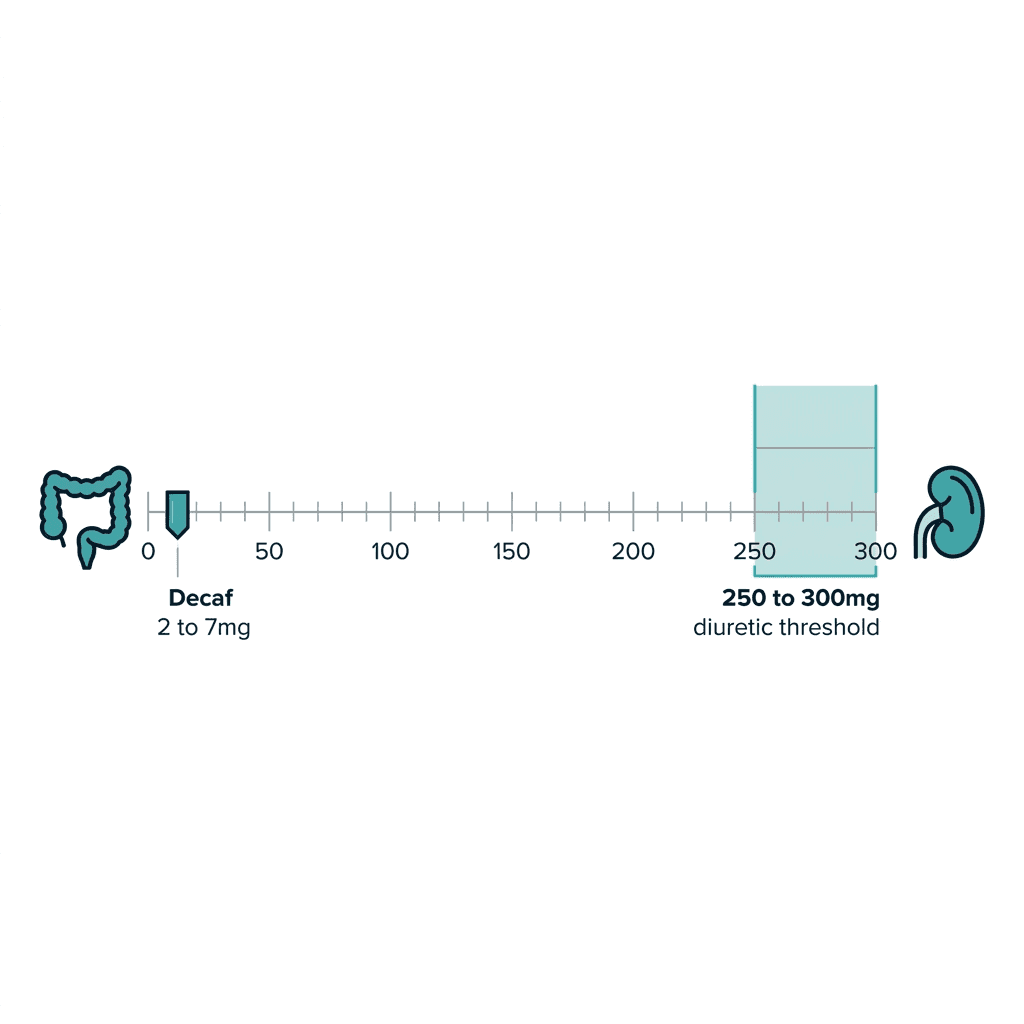 Diagram of a caffeine-milligram scale showing decaf's 2 to 7 milligrams per cup far below the 250 to 300 milligram diuretic threshold.