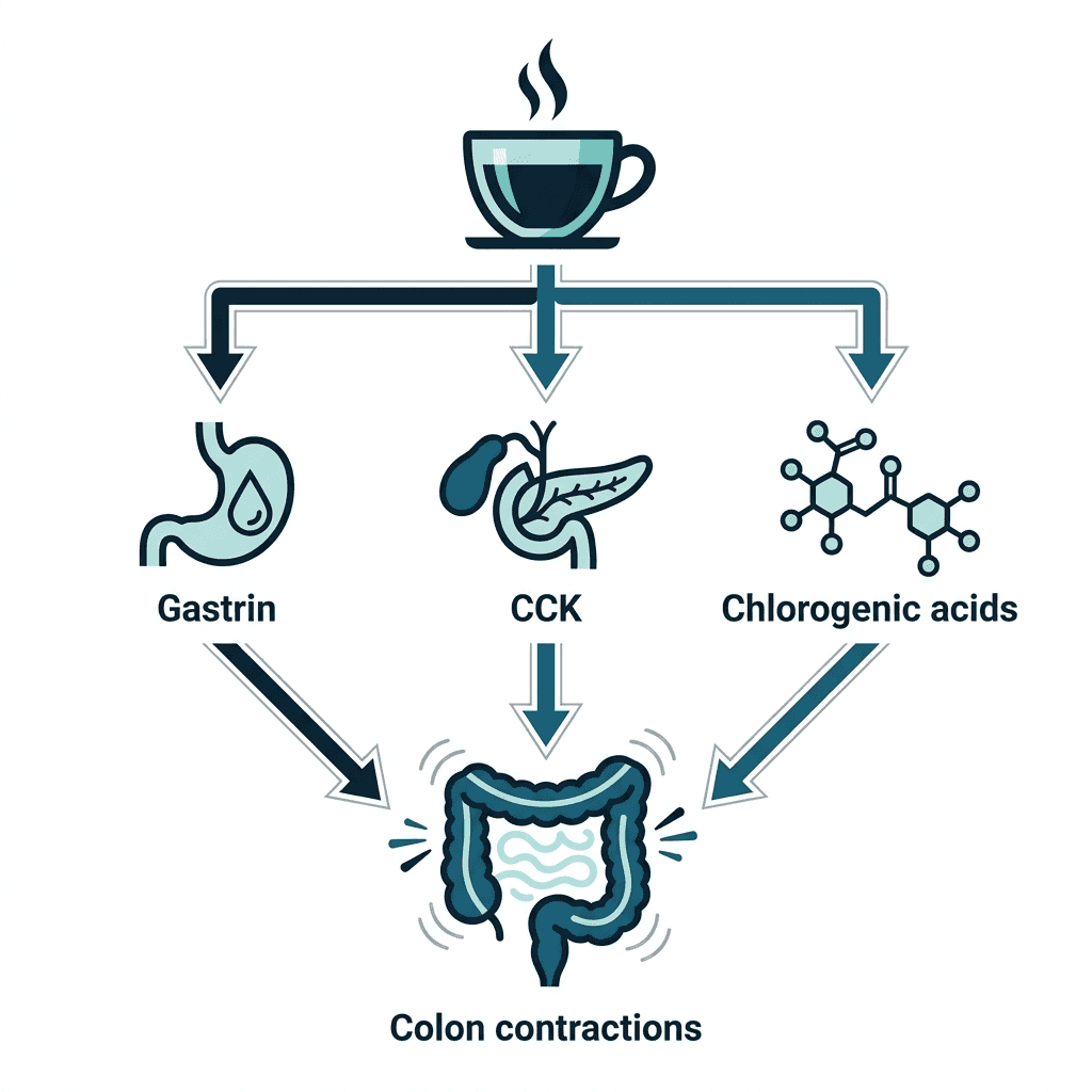 Diagram of a coffee cup triggering gastrin, CCK, and chlorogenic acids, all converging on colon contractions.