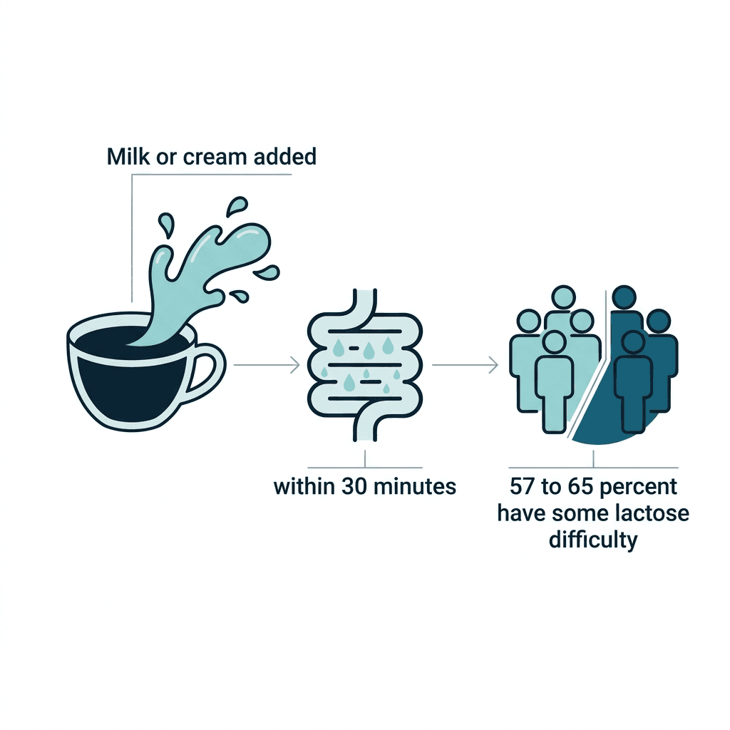 Diagram of milk poured into decaf coffee triggering the small intestine, with 57 to 65 percent of people having some lactose difficulty.