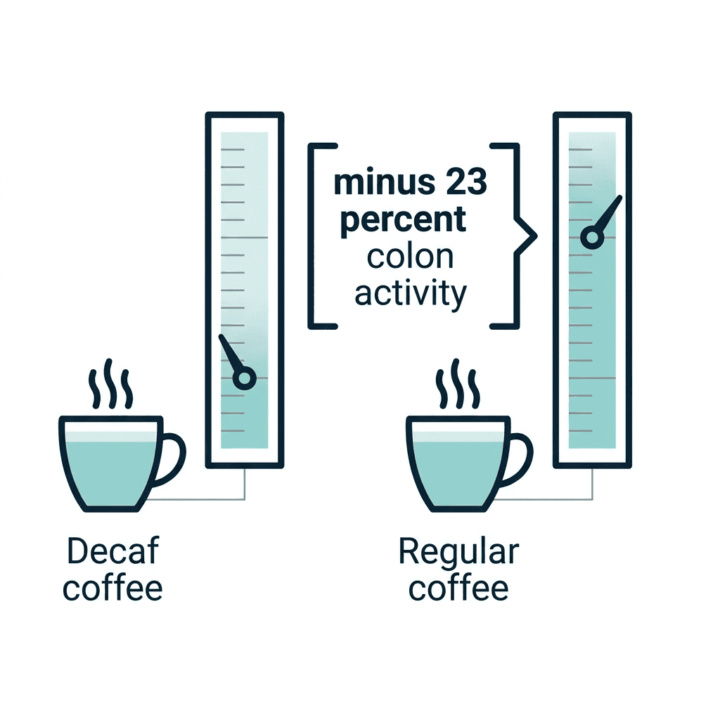 Diagram comparing decaf coffee and regular coffee on a colon-stimulation gauge, with regular coffee 23 percent higher than decaf.