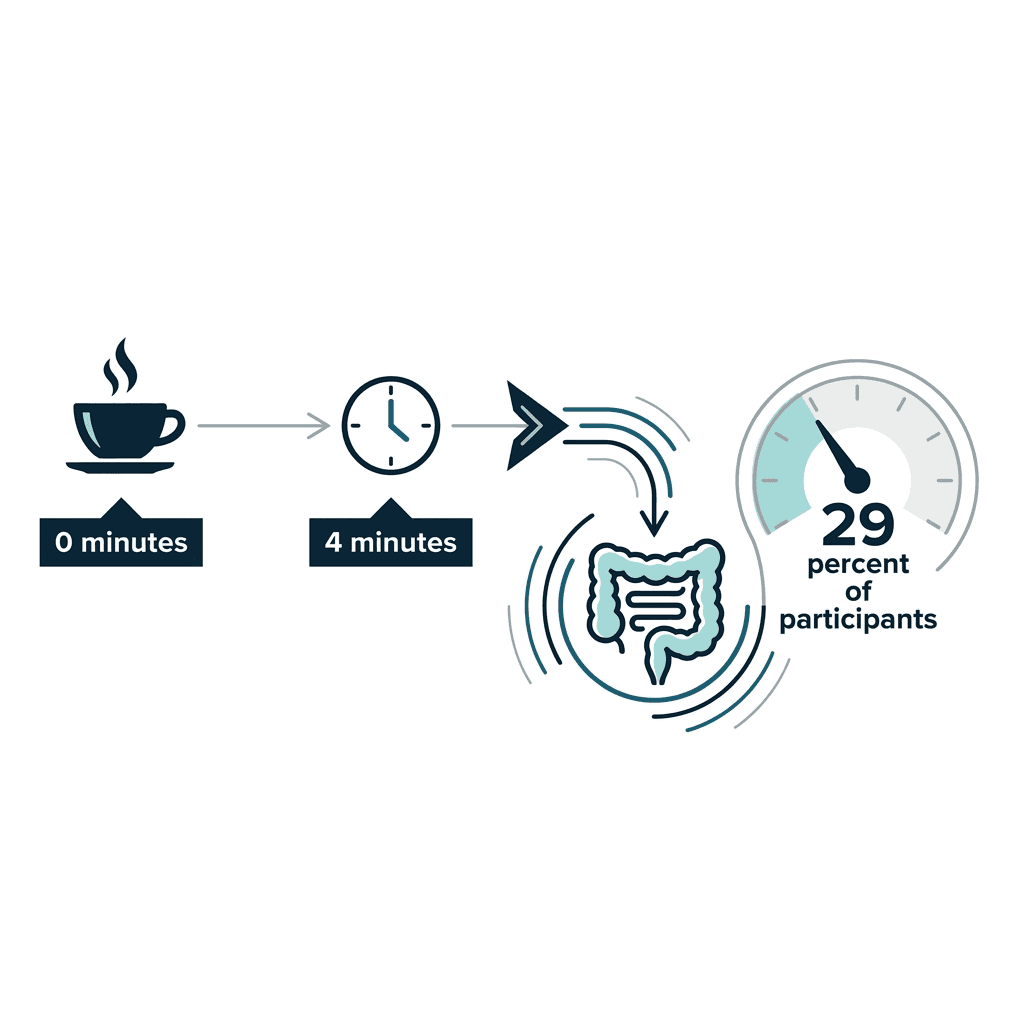 Timeline diagram showing a coffee cup at 0 minutes and increased colon motility by 4 minutes in 29 percent of participants.
