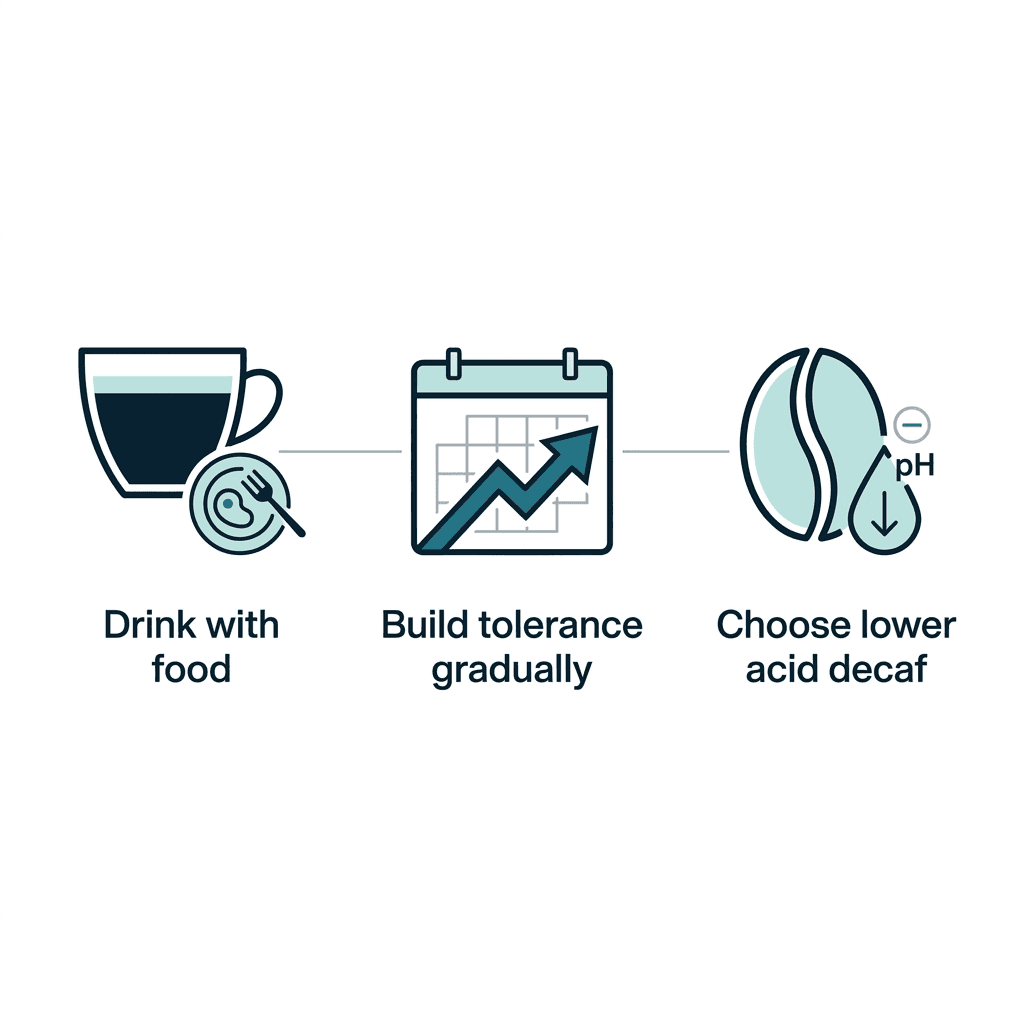 Diagram of three tips for drinking decaf without urgency: drink with food, build tolerance gradually, and choose a lower-acid decaf.