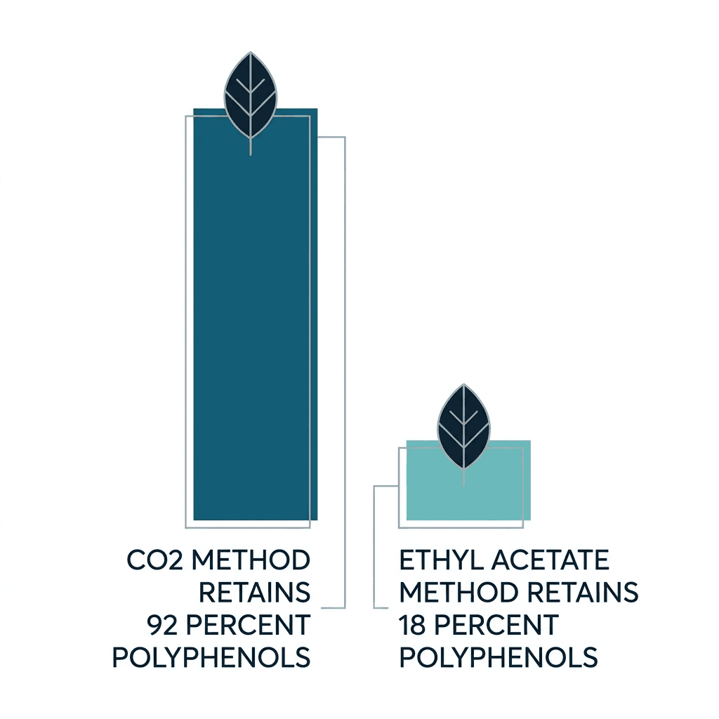 Two bar columns comparing polyphenol retention after decaffeination: the CO2 method retains 92 percent of polyphenols versus 18 percent for the ethyl acetate method.