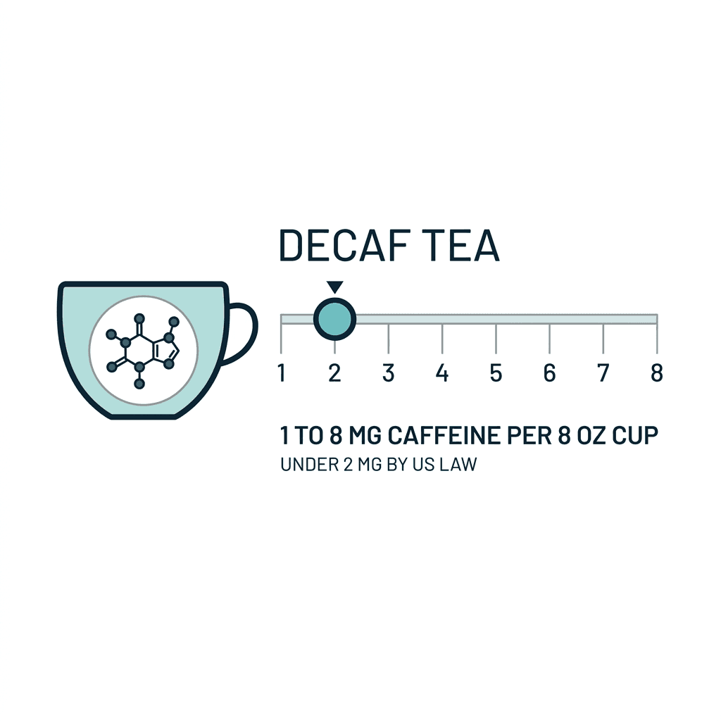 A teacup with a caffeine molecule icon next to a scale from 1 to 8 showing decaf tea contains 1 to 8 milligrams of caffeine per 8 ounce cup, under 2 milligrams by US law.