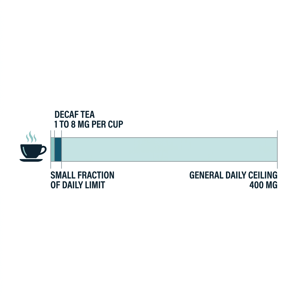 A long scale bar showing decaf tea's 1 to 8 milligrams per cup as a small filled segment against the general daily caffeine ceiling of 400 milligrams.