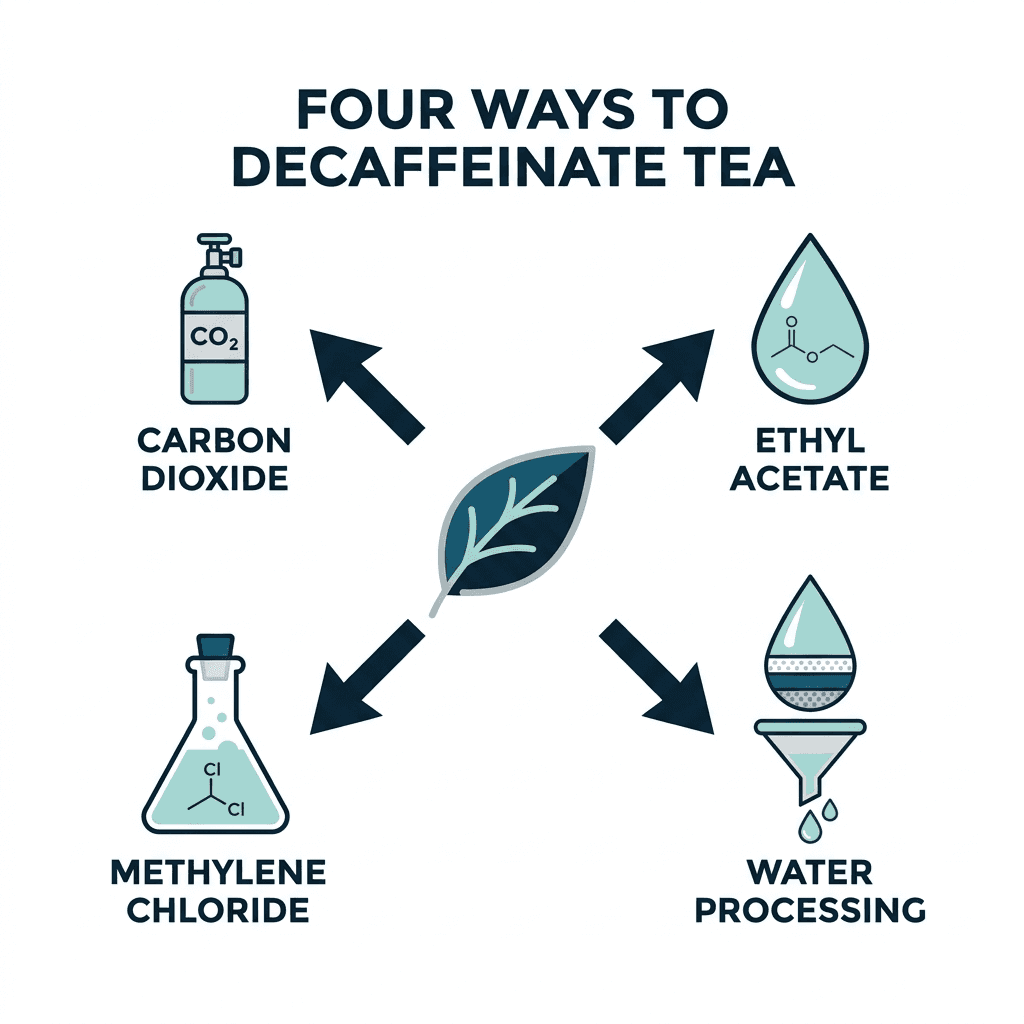 A tea leaf with four arrows branching to icons for the four ways tea is decaffeinated: carbon dioxide, ethyl acetate, methylene chloride, and water processing.