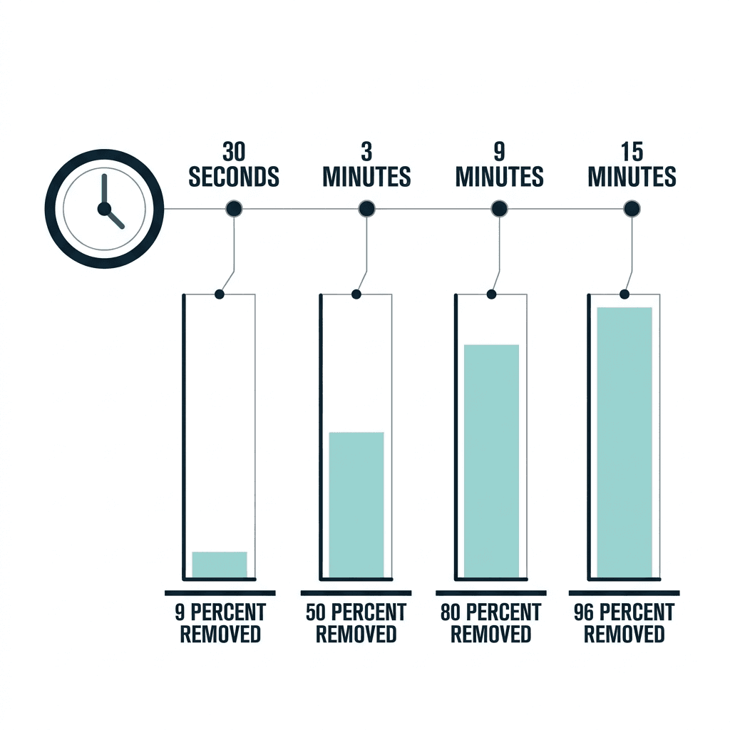 A timeline showing percent of caffeine removed from tea by steep time: 9 percent at 30 seconds, 50 percent at 3 minutes, 80 percent at 9 minutes, and 96 percent at 15 minutes.