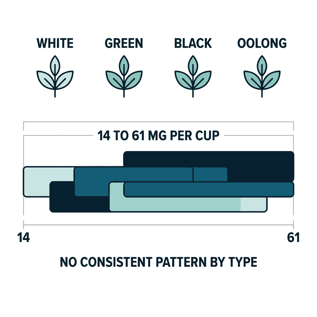 White, green, black, and oolong tea leaf icons above one overlapping range bar from 14 to 61 milligrams per cup, showing no consistent caffeine pattern by tea type.