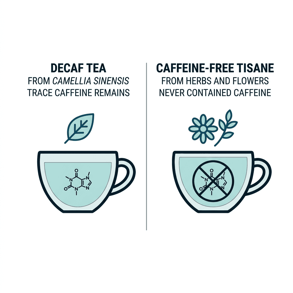 Two teacups side by side: decaf tea from Camellia sinensis with a caffeine molecule icon and trace caffeine remaining, versus caffeine-free tisane from herbs and flowers with a crossed-out molecule icon showing it never contained caffeine.