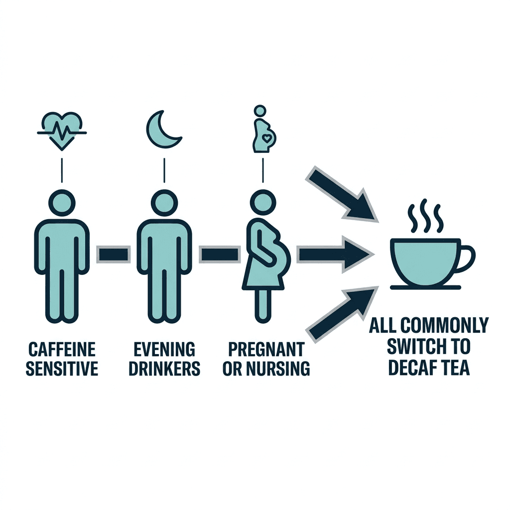 Three figures labeled caffeine sensitive, evening drinkers, and pregnant or nursing, each with arrows pointing to a teacup labeled all commonly switch to decaf tea.