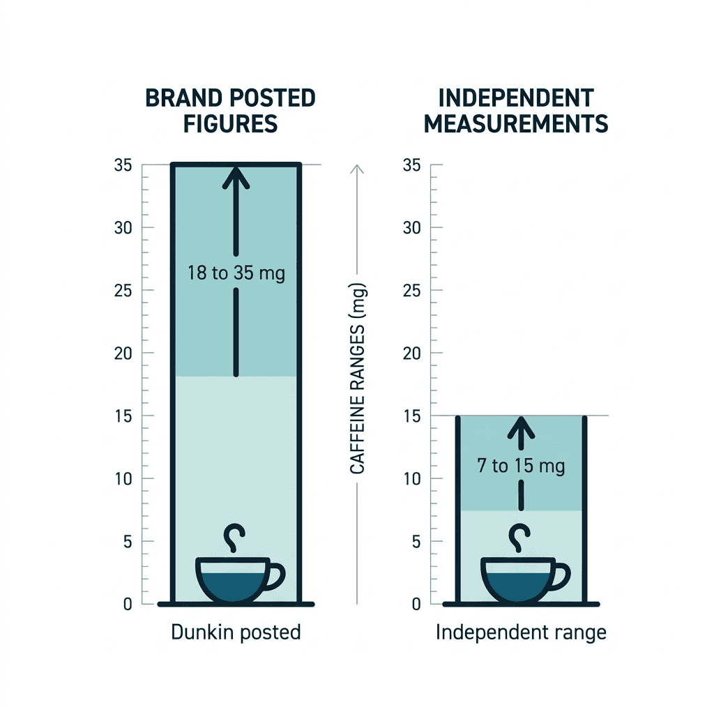 A bar chart comparing Dunkin's brand-posted decaf iced coffee caffeine figures of 18 to 35 milligrams against the independently measured range of 7 to 15 milligrams.
