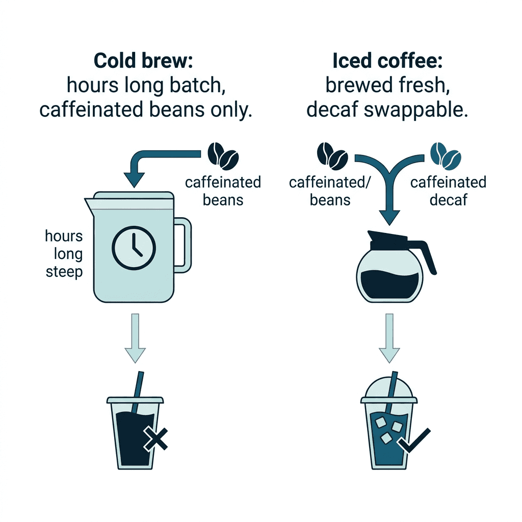 A comparison diagram showing cold brew as an hours-long batch made only with caffeinated beans versus iced coffee brewed fresh and swappable for decaf.