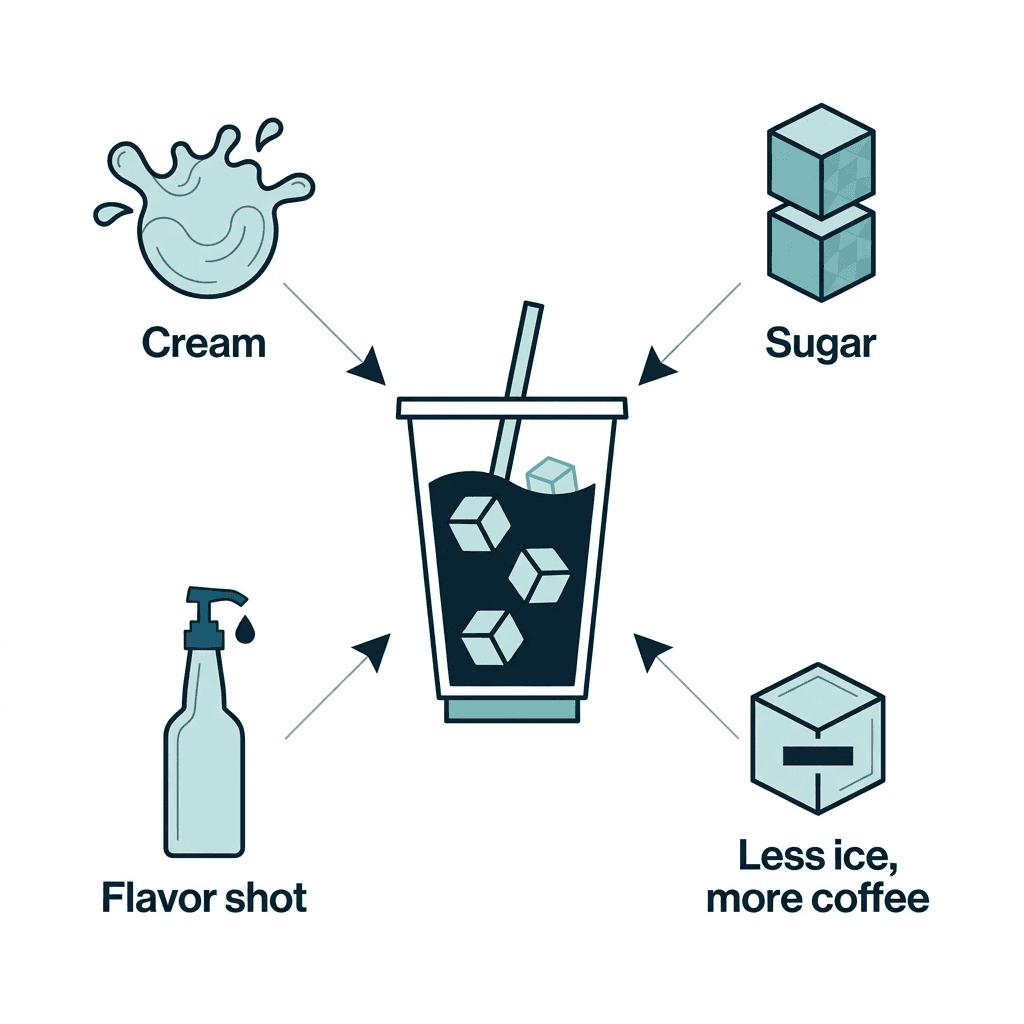 A diagram showing an iced coffee cup customized with cream, sugar, a flavor shot, and less ice for more coffee.