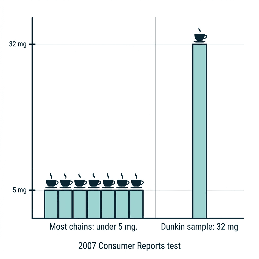 A bar chart from a 2007 Consumer Reports test showing most chains' decaf under 5 milligrams while one Dunkin sample measured 32 milligrams.