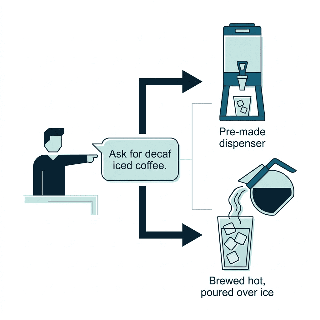 A diagram showing a customer asking for decaf iced coffee at Dunkin, branching into two paths: a pre-made dispenser or hot decaf brewed and poured over ice.