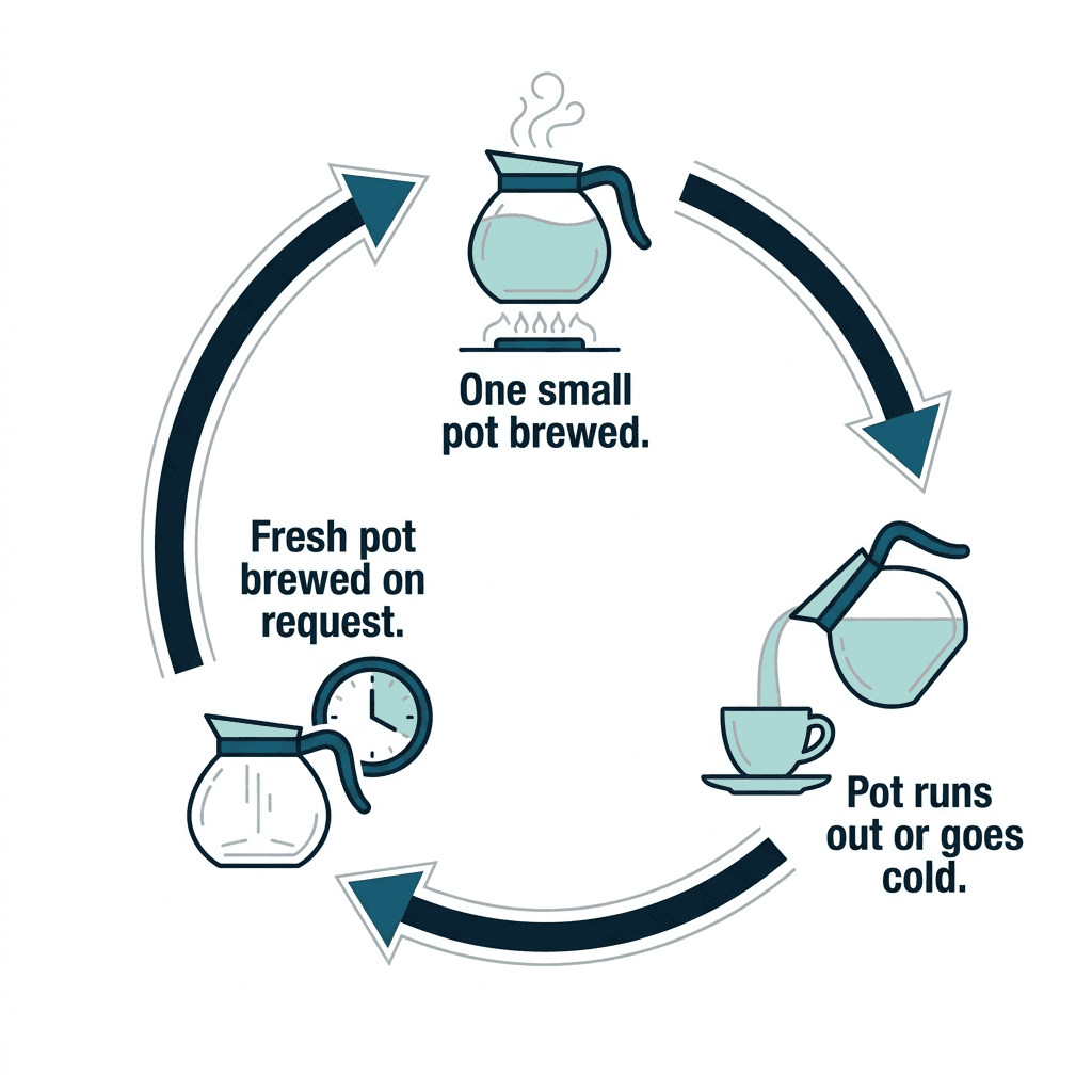 A cycle diagram showing one small pot of decaf brewed, the pot running out or going cold, and a fresh pot brewed on request.