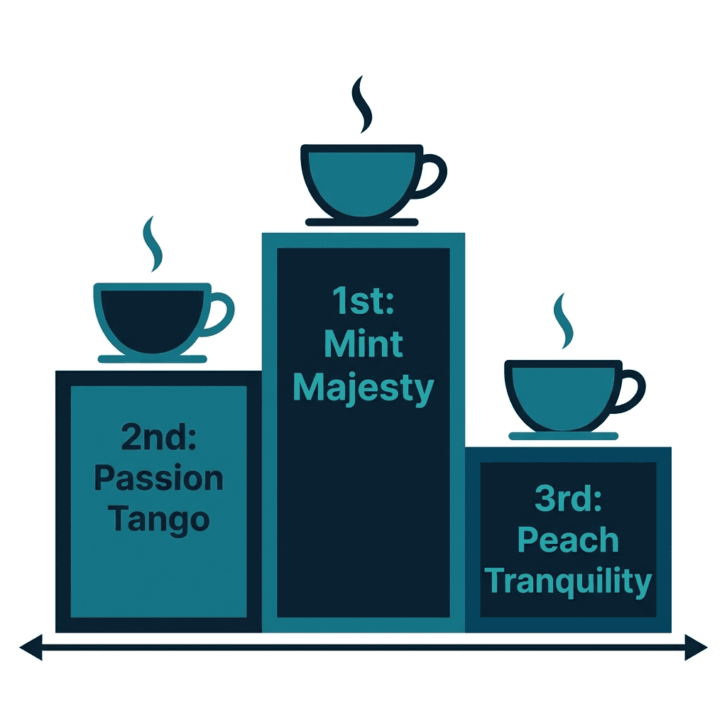 Podium ranking of Starbucks' caffeine-free teas: Mint Majesty in first place, Passion Tango in second, and Peach Tranquility in third, based on independent taste-test reviews.