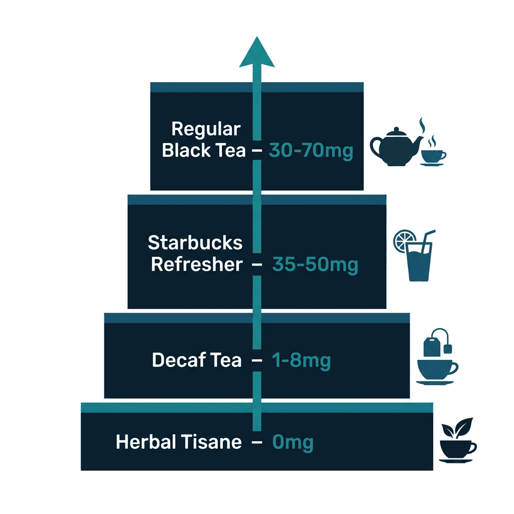 Vertical scale showing caffeine content rising from herbal tisane at zero milligrams, to decaf tea at 1 to 8 milligrams, to a Starbucks Refresher at 35 to 50 milligrams, to regular black tea at 30 to 70 milligrams.