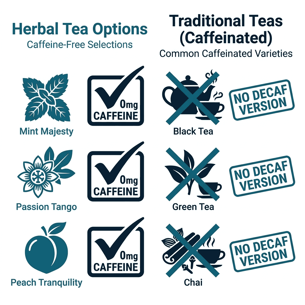 Diagram splitting Starbucks' tea menu into three naturally caffeine-free herbal teas, Mint Majesty, Passion Tango, and Peach Tranquility, each marked zero milligrams caffeine, against black tea, green tea, and chai, each marked no decaf version.