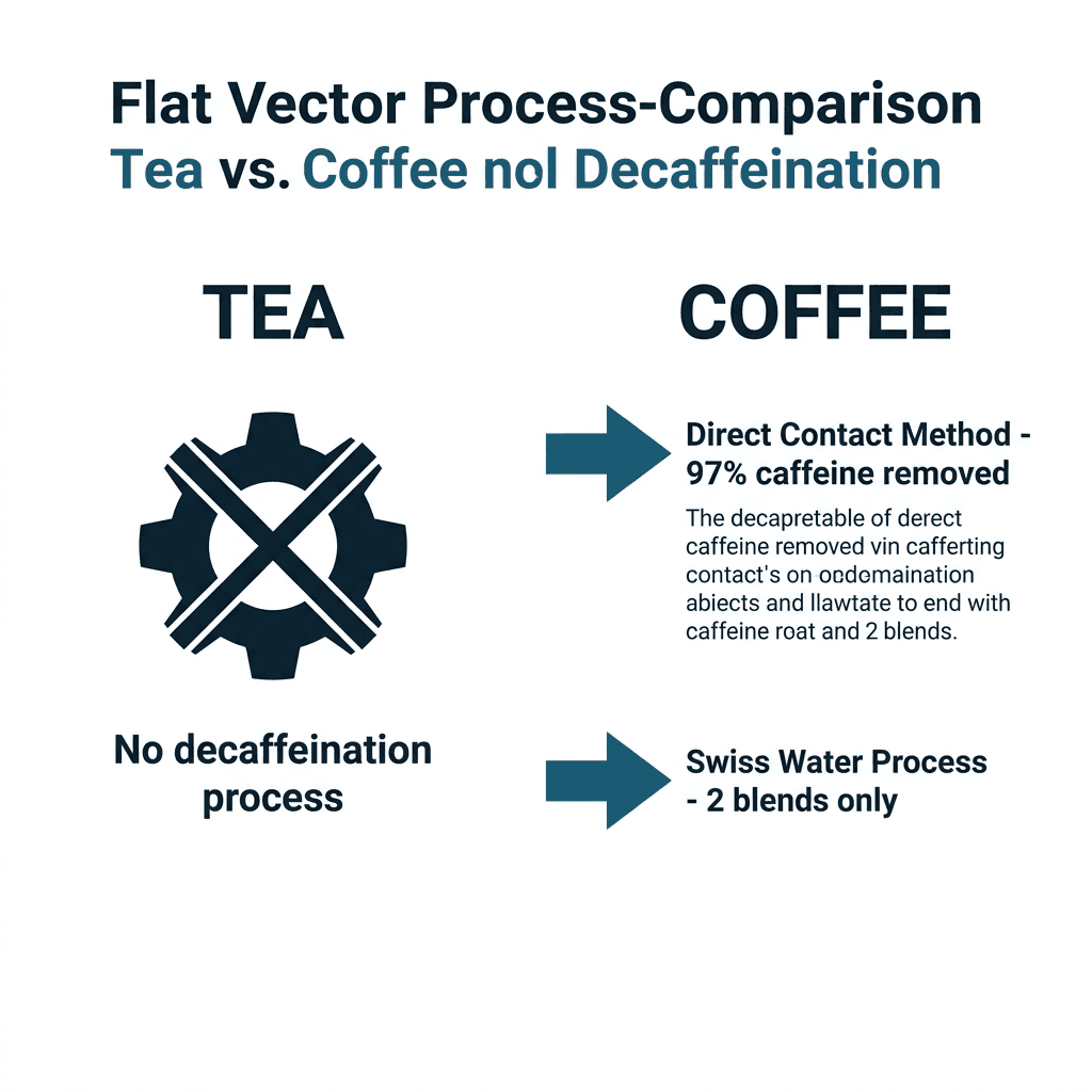 Diagram contrasting tea, which has no decaffeination process at Starbucks, against coffee, which uses the Direct Contact Method removing about 97 percent of caffeine and the Swiss Water Process for two specific blends.