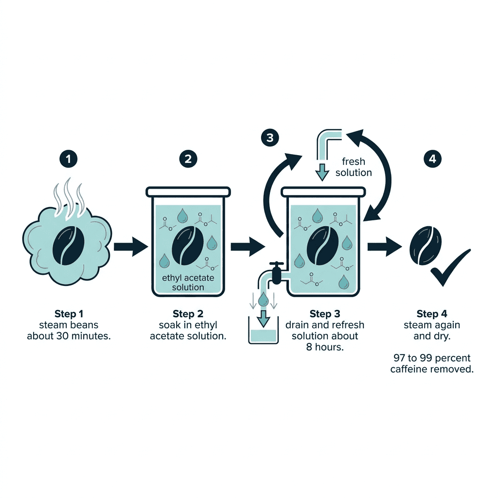 Four-step process diagram showing coffee beans steamed for 30 minutes, soaked in ethyl acetate solution, drained and refreshed for about 8 hours, then steamed again and dried, removing 97 to 99 percent of caffeine.